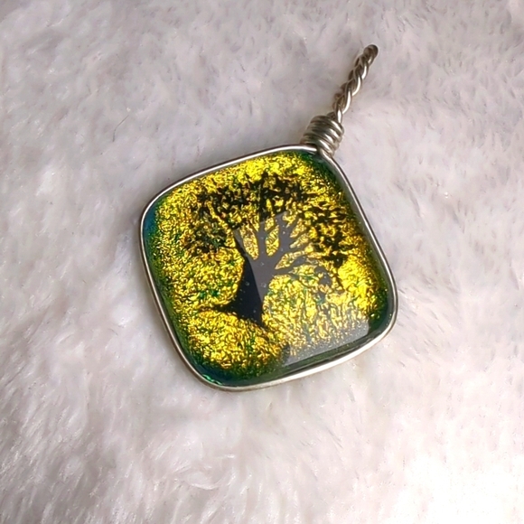 Artisan Made Dichroic Glass Tree Of Life Pendant Wrapped In Sterling Wire - Picture 1 of 9